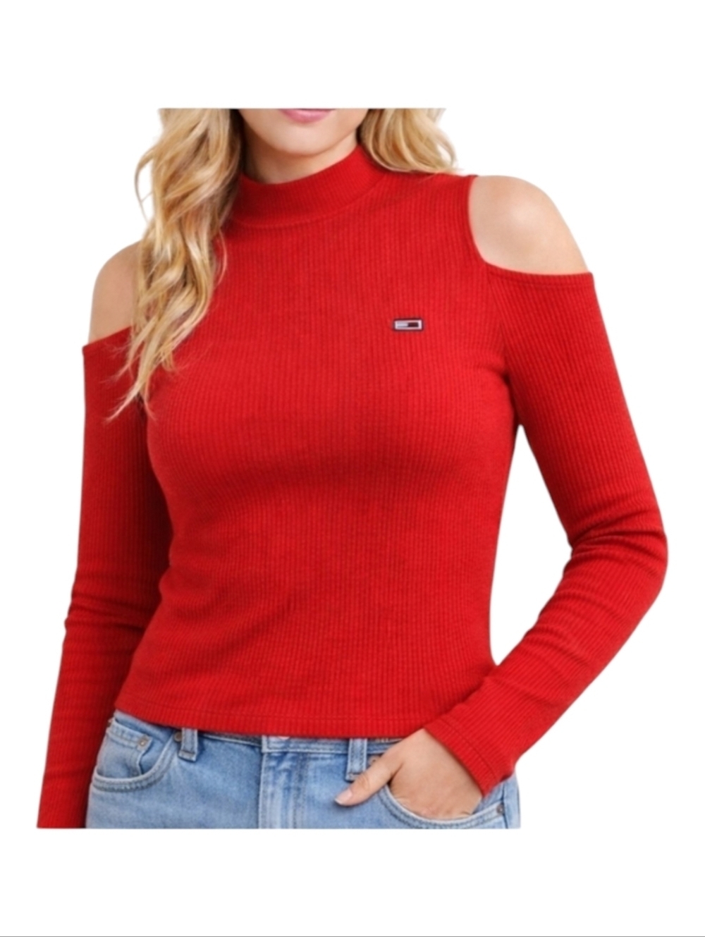✨2/$25 Tommy Hilfiger~Tommy Jeans~Cold Shoulder~Red Longsleeve~Ribbed Top~Small